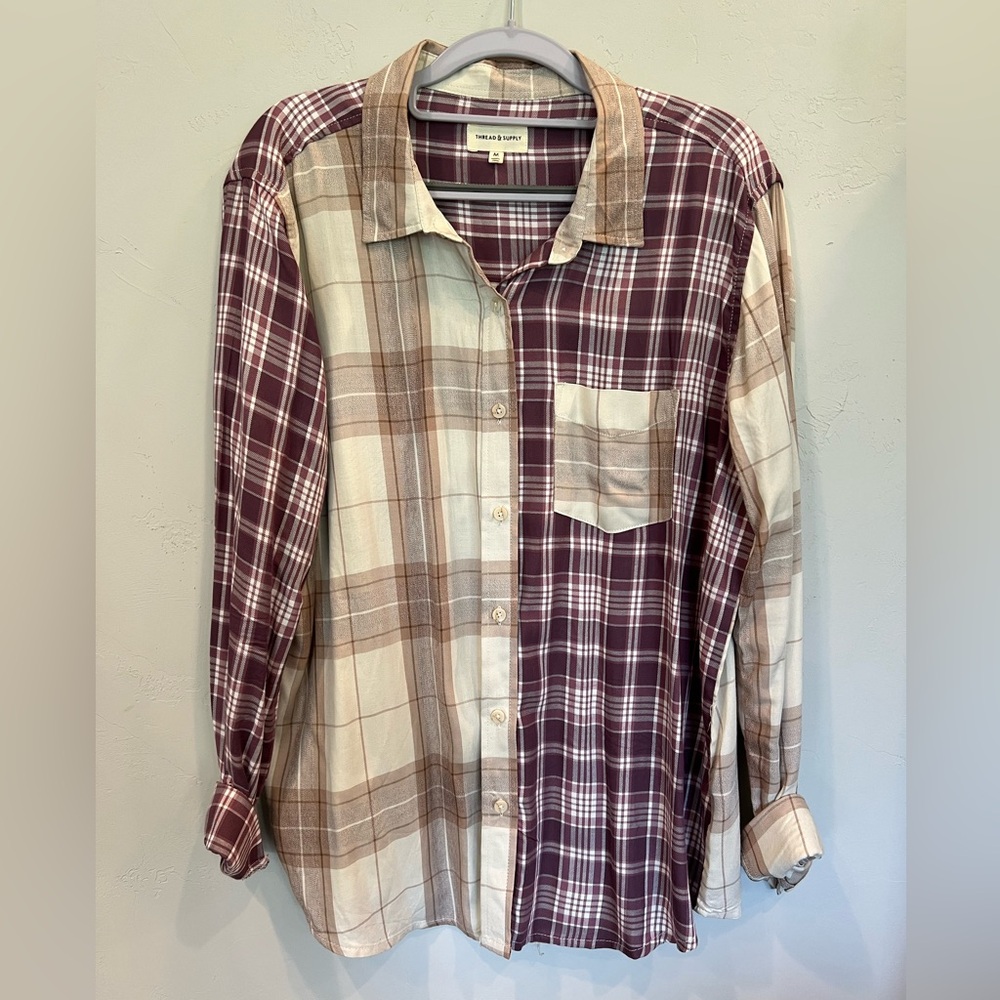 Thread & Supply Purple and Tan Plaid Relaxed Fit Button Down Shirt (Medium)
